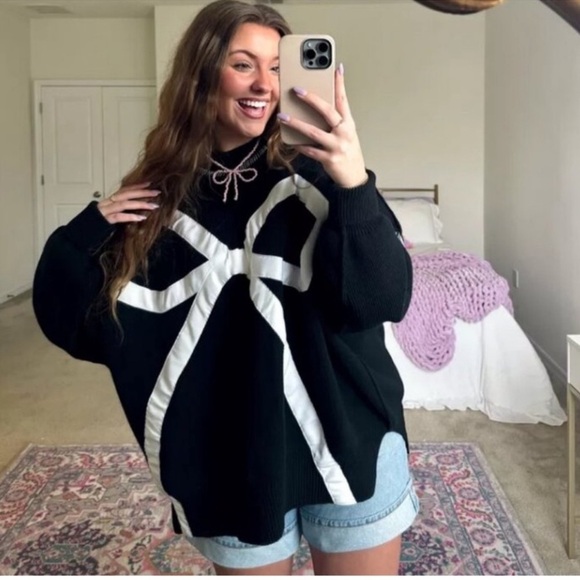 Tricia Fix Sweaters - Free People x Tricia Fix Exploded Bow Black Knit Reworked Oversized Sweater S